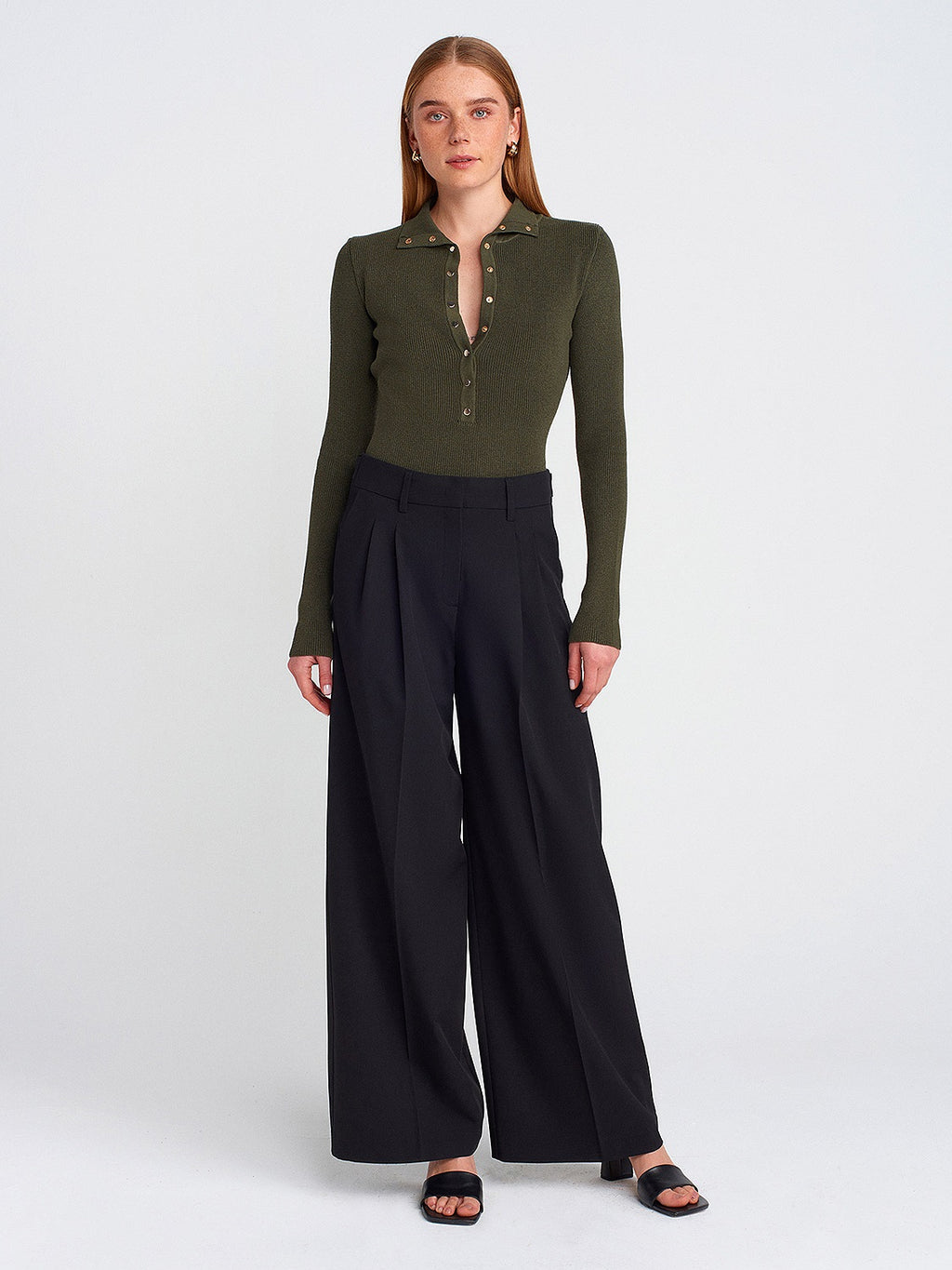 Collared Snap-Button Ribbed Sweater