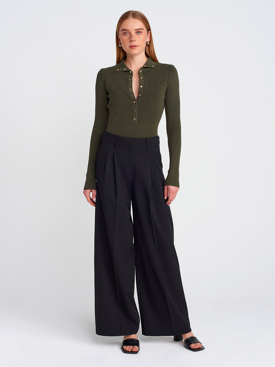 Collared Snap-Button Ribbed Sweater