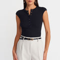 Metallic Snap Cap-Sleeve Top